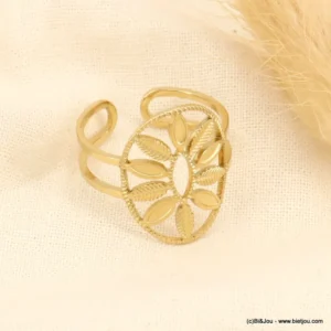 Bague acier inox couronne feuille