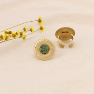 Bague ronde acier inoxydable pierre naturelle verte