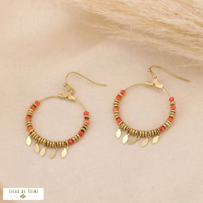 Boucles d'oreilles pendantes cercles acier inox pierre orange plume