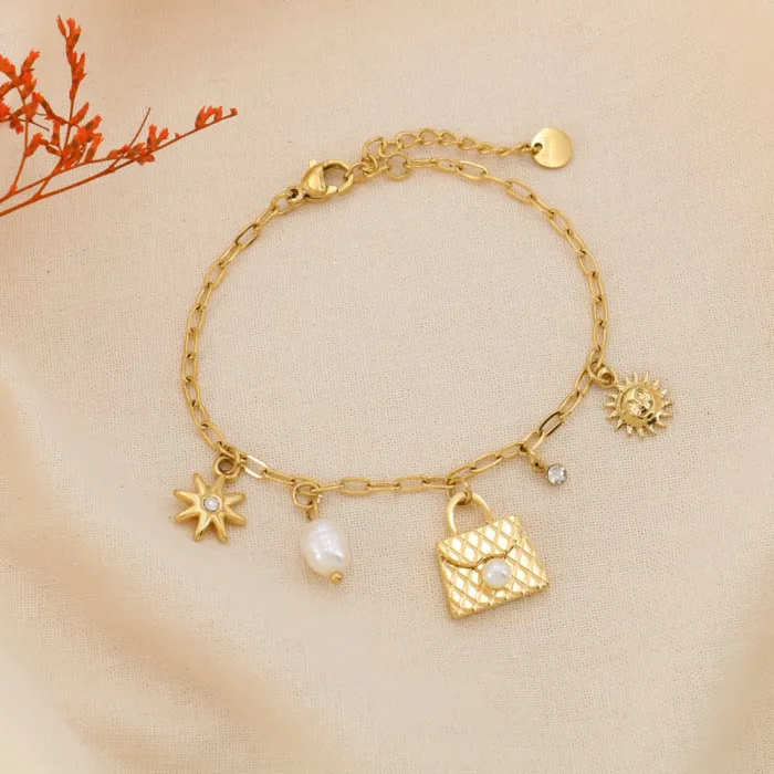 Bracelet acier inoxydable doré charmes perles