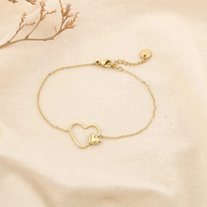 Bracelet en acier inoxydable double cœur doré
