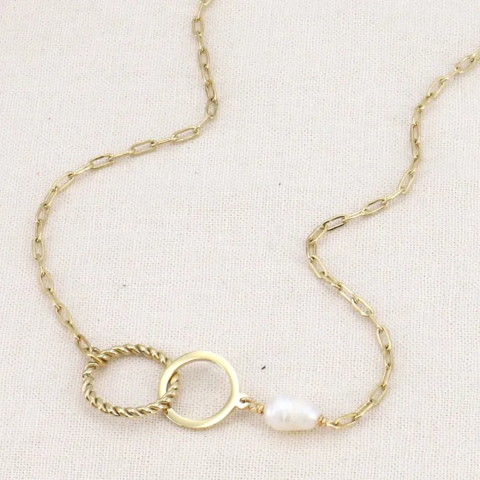 Collier acier inoxydable anneaux entrelacés perle d’eau douce – Image 2