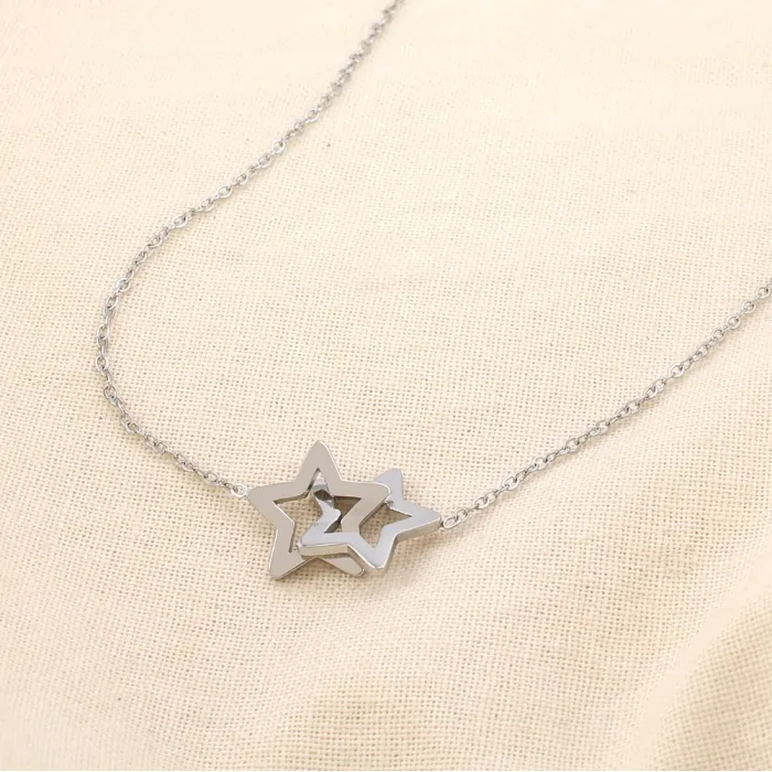 Collier acier inoxydable étoiles entrelacées argenté – Image 2