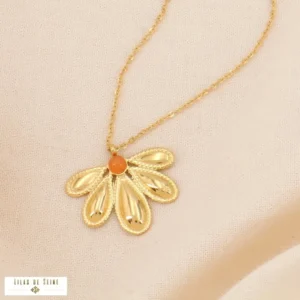 Collier acier inoxydable fleur et cabochon pierre naturelle orange