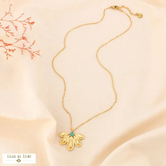 Collier acier inoxydable fleur et cabochon pierre naturelle bleu turquoise – Image 2