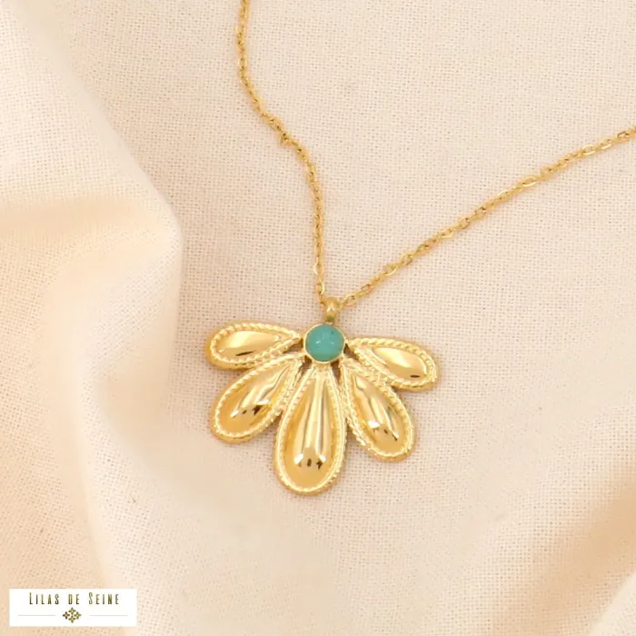 Collier acier inoxydable fleur et cabochon pierre naturelle bleu turquoise