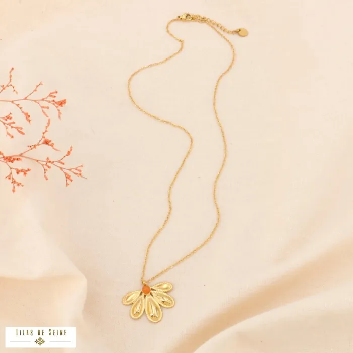 Collier acier inoxydable fleur et cabochon pierre naturelle orange – Image 2