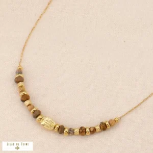 Collier acier inoxydable rondelles pierre naturelle beige