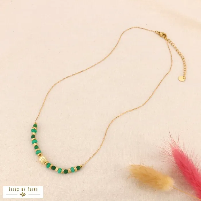 Collier acier inoxydable rondelles pierre naturelle verte – Image 2