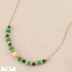Collier acier inoxydable rondelles pierre naturelle verte