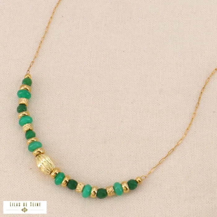 Collier acier inoxydable rondelles pierre naturelle verte