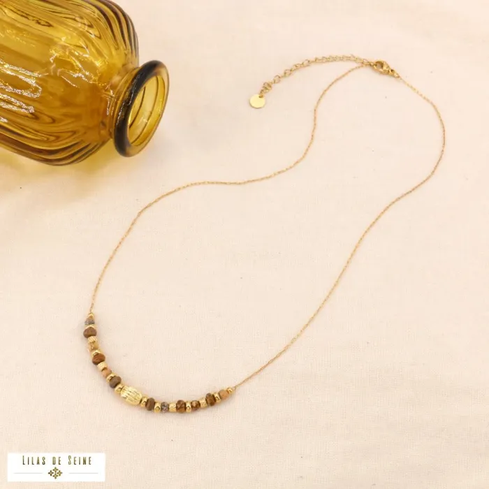 Collier acier inoxydable rondelles pierre naturelle beige – Image 2