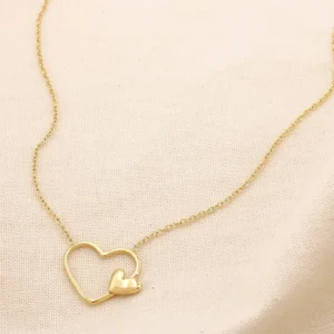 Collier en acier inoxydable avec double cœur doré