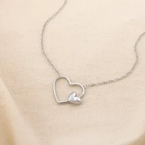 Collier en acier inoxydable avec double cœur argenté
