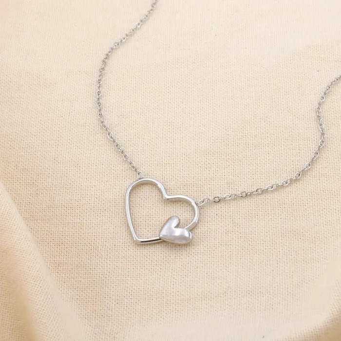 Collier en acier inoxydable avec double cœur argenté