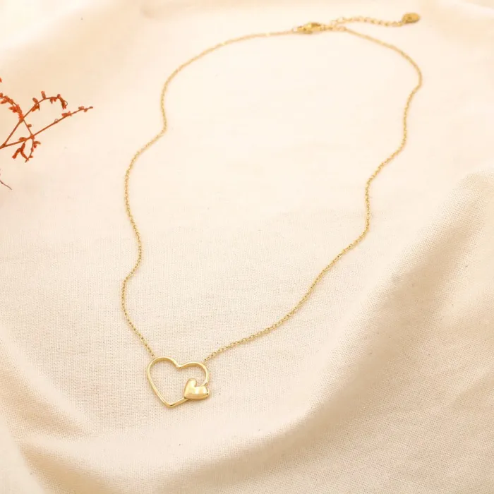 Collier en acier inoxydable avec double cœur doré – Image 2