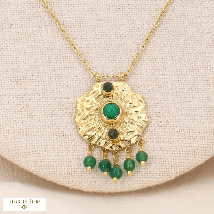 Collier pendentif nénuphar acier cabochon breloques pierres vertes