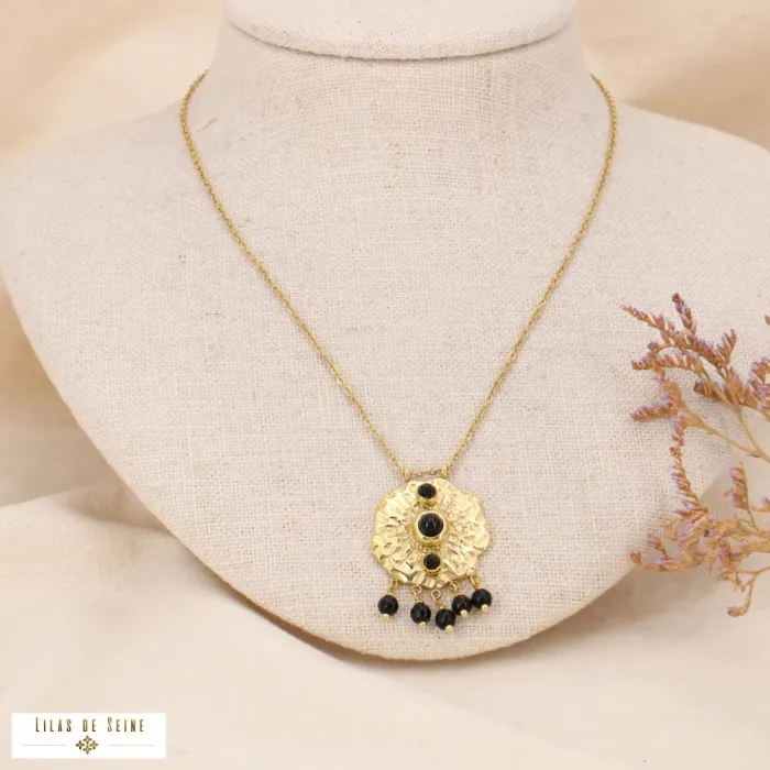 Collier pendentif nénuphar acier cabochon breloques pierres noires – Image 2