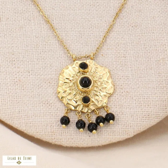 Collier pendentif nénuphar acier cabochon breloques pierres noires