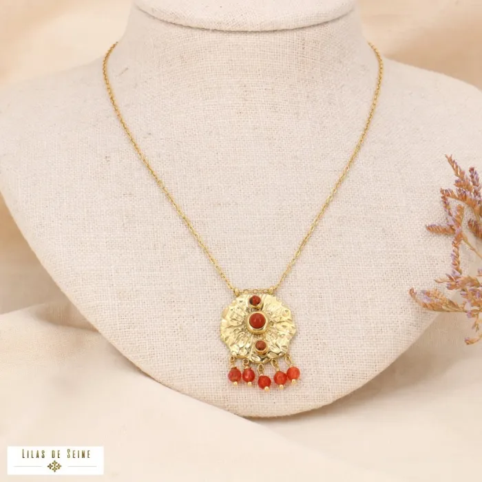 Collier pendentif nénuphar acier cabochon breloques pierres oranges – Image 2