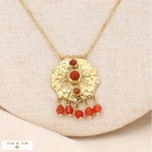 Collier pendentif nénuphar acier cabochon breloques pierres oranges