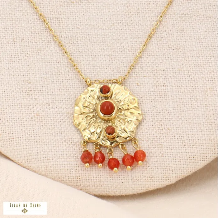 Collier pendentif nénuphar acier cabochon breloques pierres oranges
