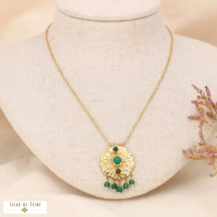 Collier pendentif nénuphar acier cabochon breloques pierres vertes – Image 2