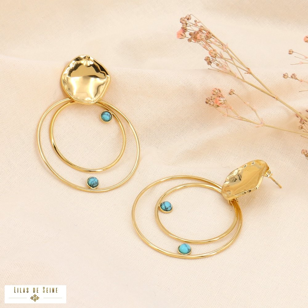 Boucles d'oreilles Oversized "Double Anneau" – Acier Martelé & Cabochons