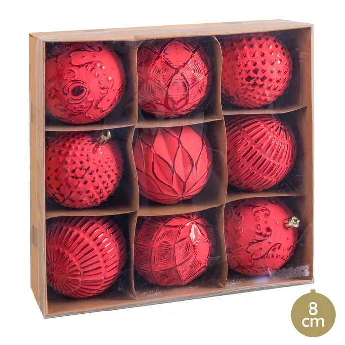 Lot de 9 boules de Noël rouges assorties – Ø 8 cm