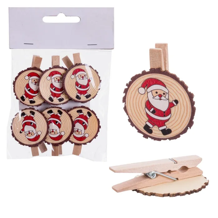 Lot de 6 pinces décoratives en bois Père Noël