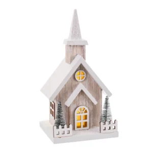 Église Enneigée en bois clair lumineuse – 26 cm