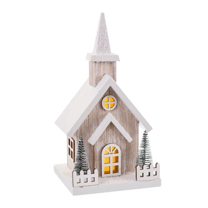 Église Enneigée en bois clair lumineuse – 26 cm