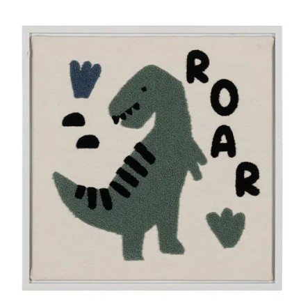 Tableau Enfant "Dino Roar" – Vert Sauge & Écru – 30x30 cm