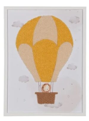 Tableau Enfant  "Lion en Montgolfière" – Jaune & Écru - 30x30 cm