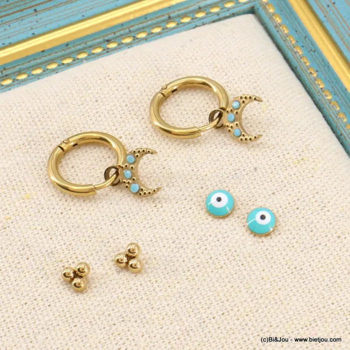 Trio de Boucles d'Oreille "Céleste & Protection" – Acier Inoxydable