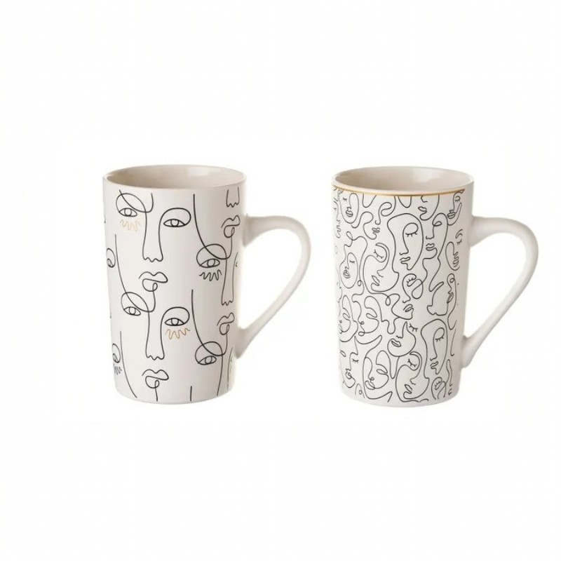 803095 Lot de 2 Mugs en Grès "Line Art" – Design Visages Minimalistes 370ml