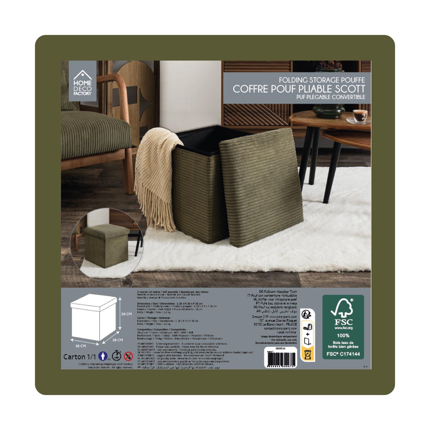 Coffre Pouf Pliable Cotele Scott Vert – Image 2