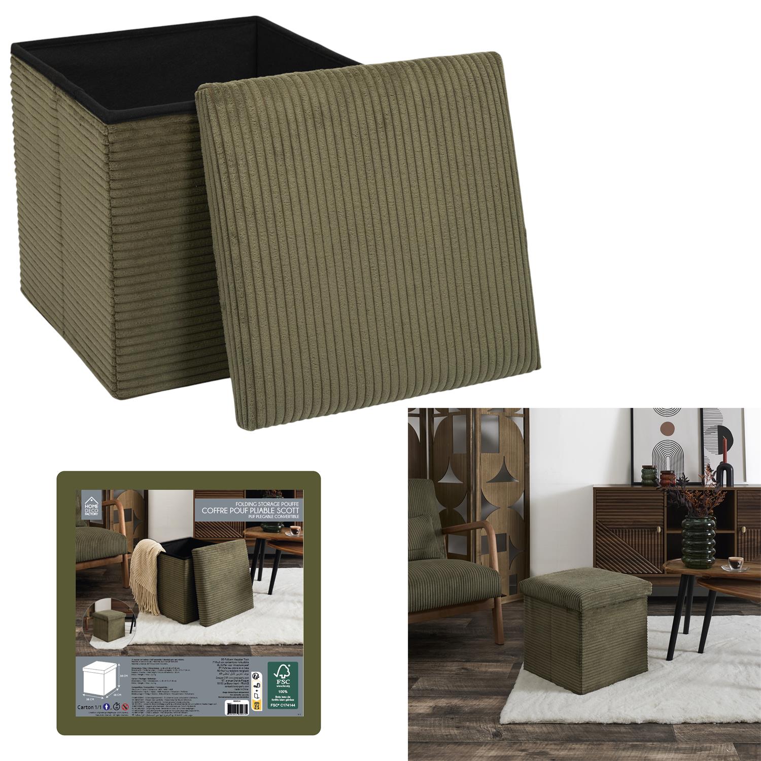 Coffre Pouf Pliable Cotele Scott Vert