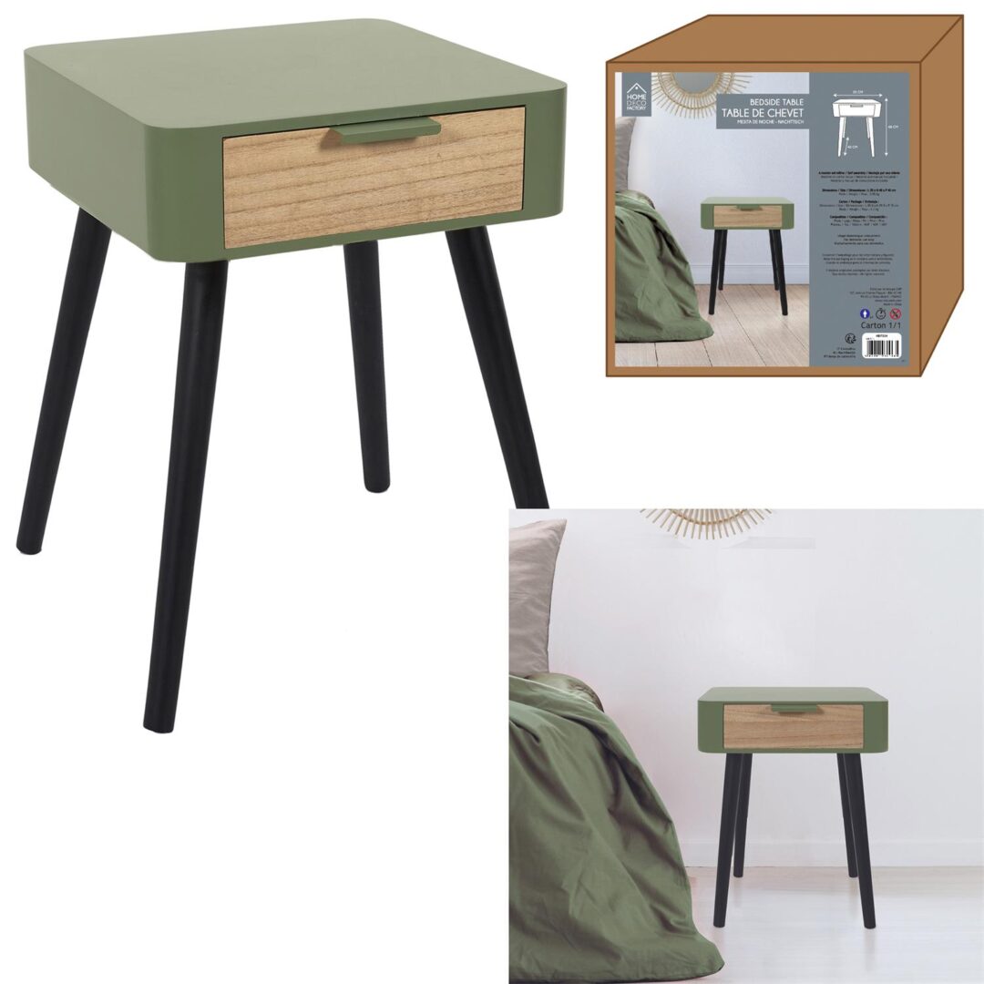 HD7338_GLOBAL Chevet 1 Tiroir En Bois Vert Kaki