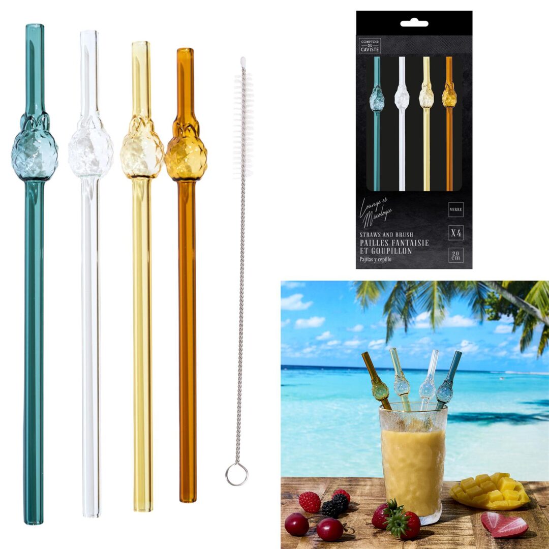 KV7432_GLOBAL Paille En Verre Forme Ananas X4 Avec Goupillon
