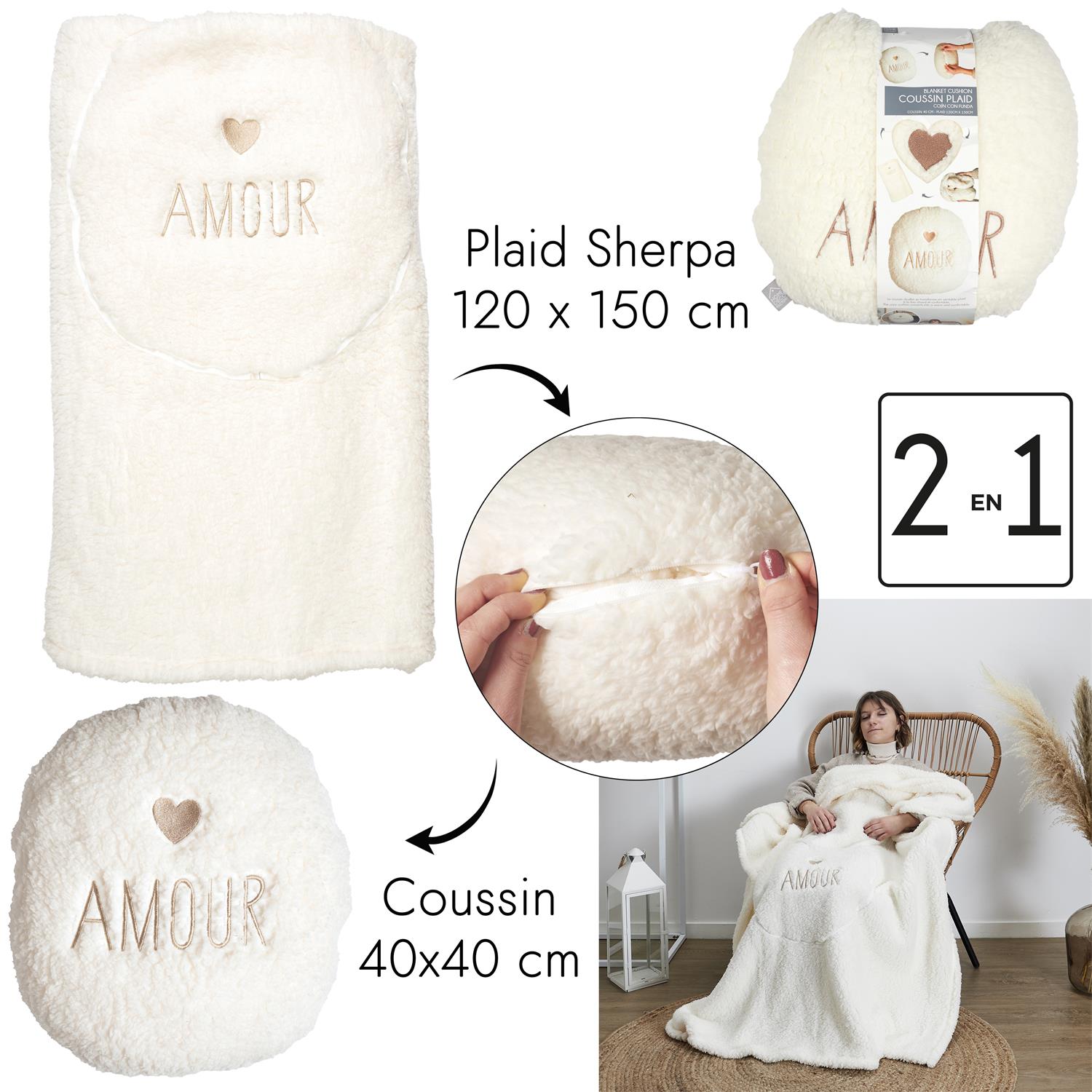 Coussin Et Plaid Sherpa Creme 120X150Cm