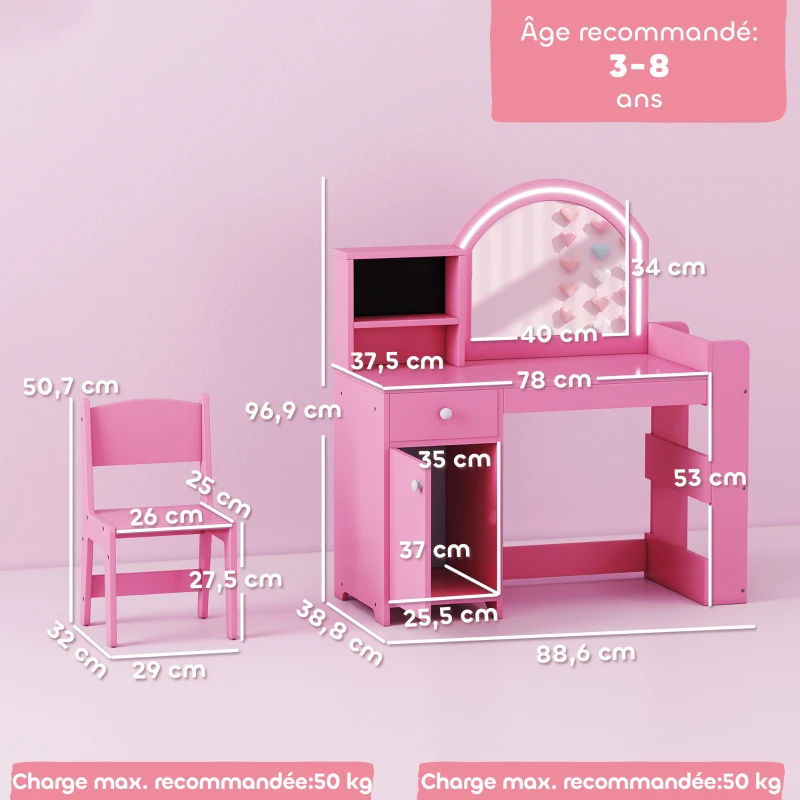 Coiffeuse pour enfants avec tabouret et miroir LED – Image 3