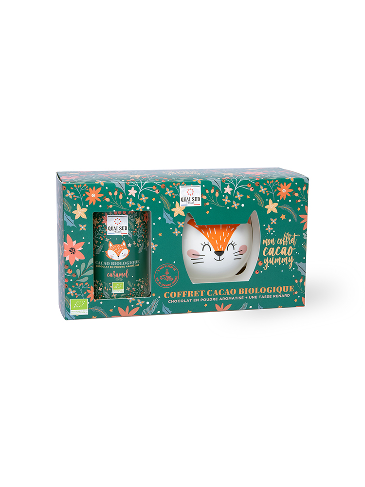 Coffret cacao bio renard “Yummy” au caramel (avec tasse)