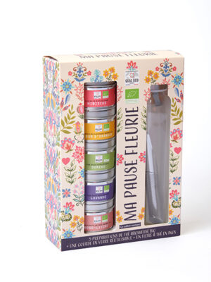 Coffret thés bio “Ma pause fleurie” (5 mini-boîtes et 1 gourde)