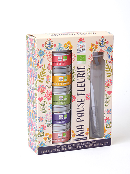 Coffret thés bio “Ma pause fleurie” (5 mini-boîtes et 1 gourde)